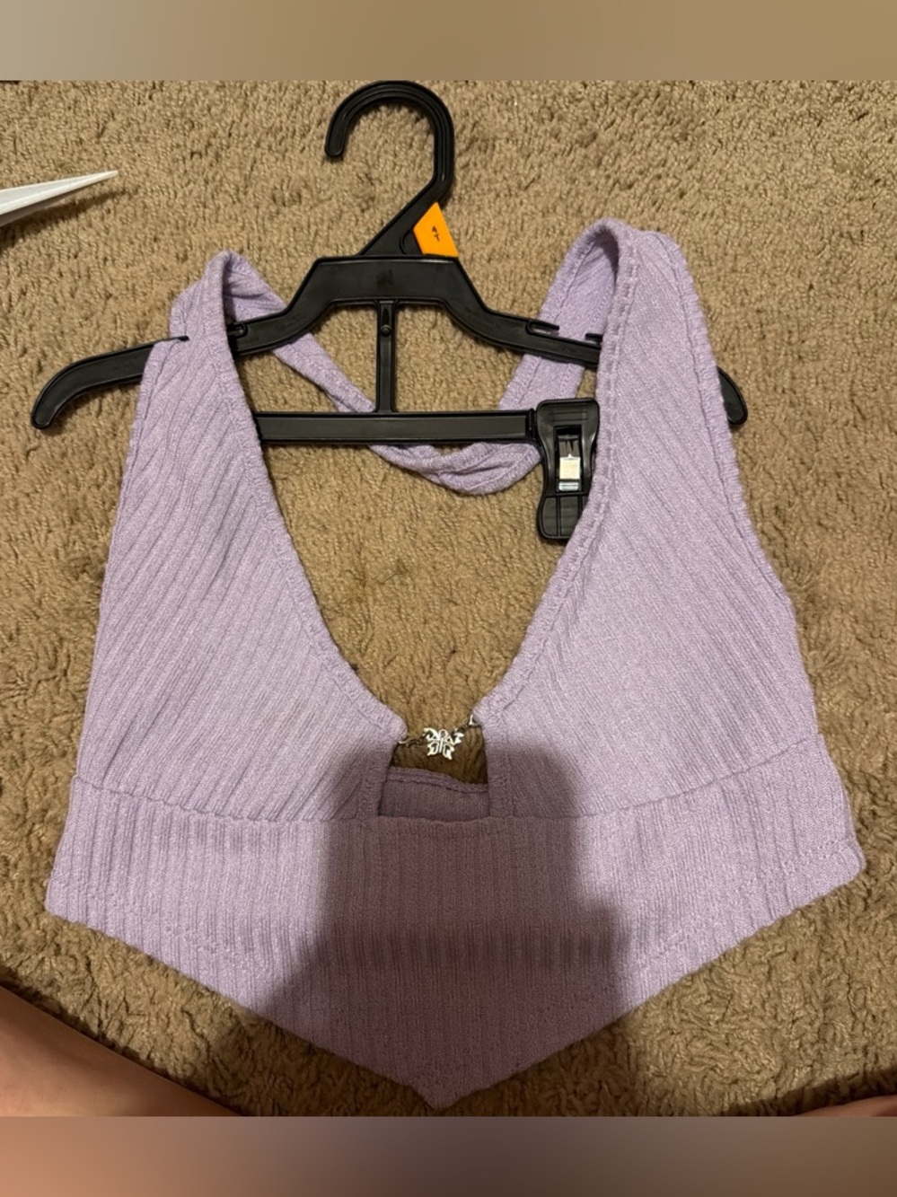 SHEIN Lilac Ribbed Halter Butterfly Accent Crop Top